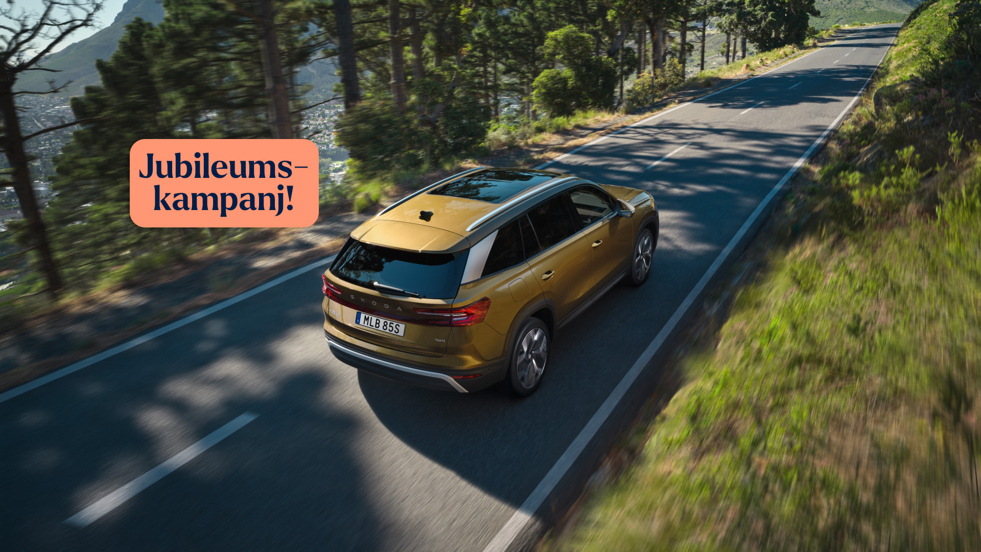 Skoda Kodiaq sedd uppifrån,kör längs skogig landsväg